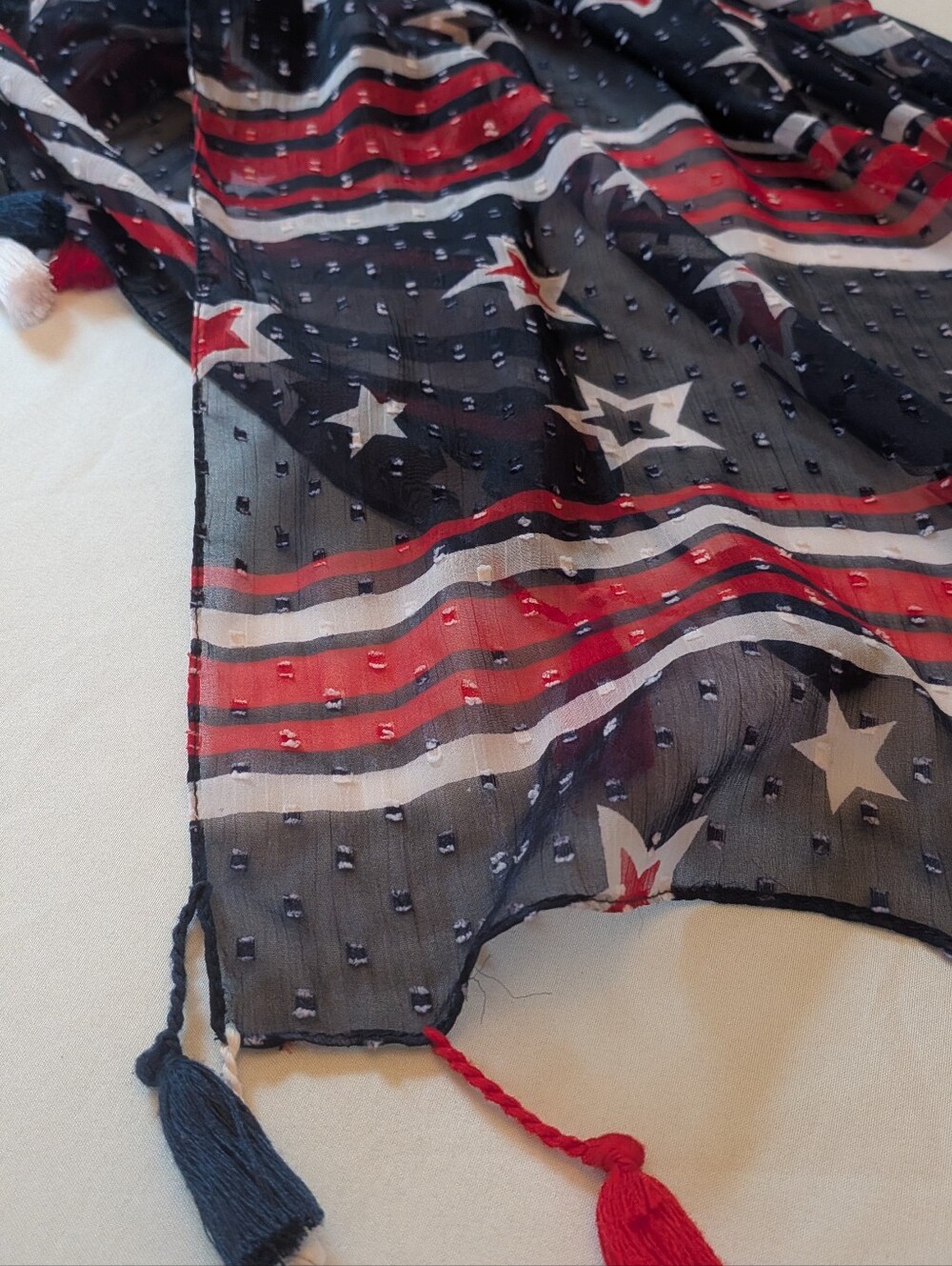 Stars & Stripes Sheer Tassel Scarf - Navy, Red, White